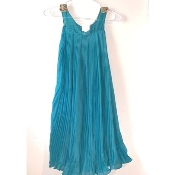 Sleeveless Teal Pleated Dress With Sequin Collar - Picture 4 of 10